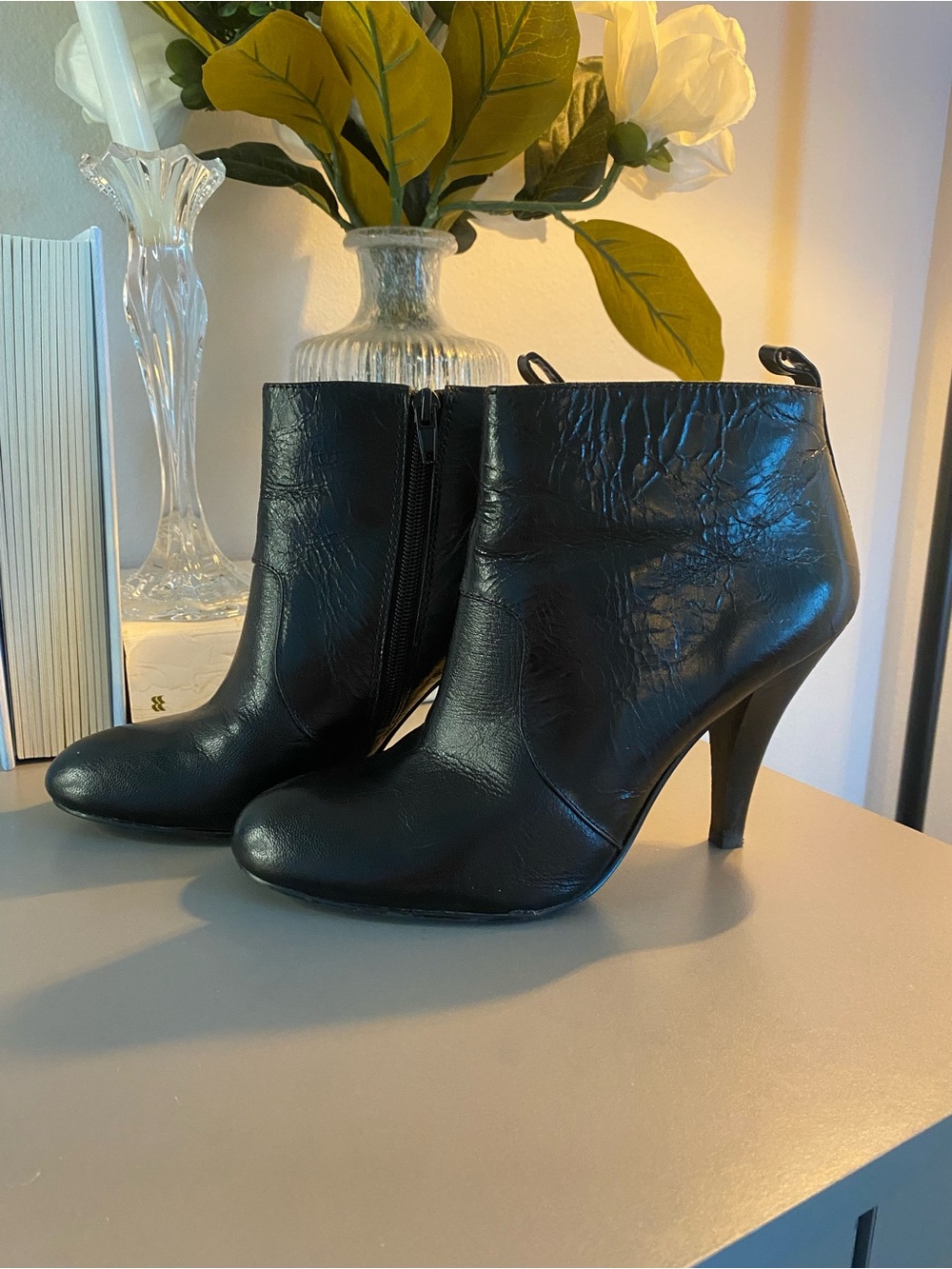Nine West Black Leather-Look Ankle Booties with heel/LN +box